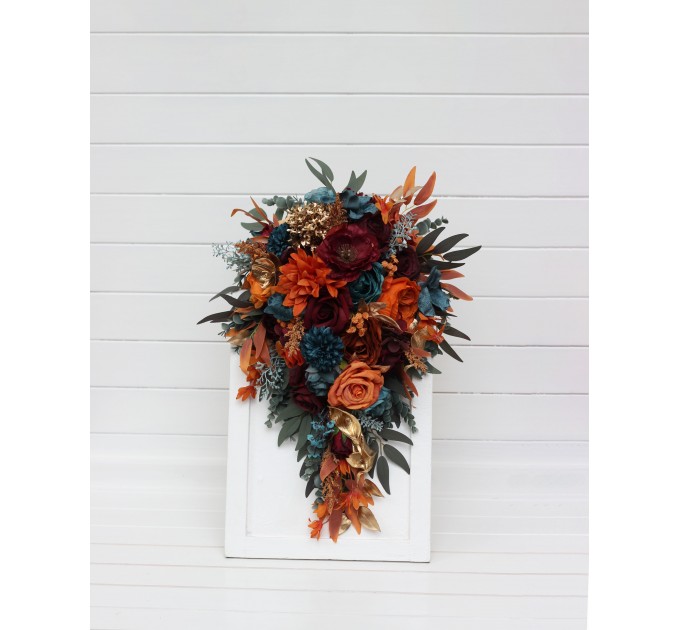 Teal, Rust & Gold Cascading Bridal Bouquet | Orange & Burgundy Faux Wedding Flowers for Fall, Boho & Halloween Weddings
