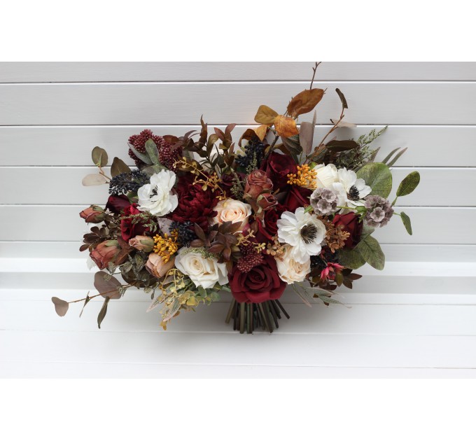 Cascade and Classic Bridal Bouquets – Burgundy, Ivory, and Brown Faux Flowers