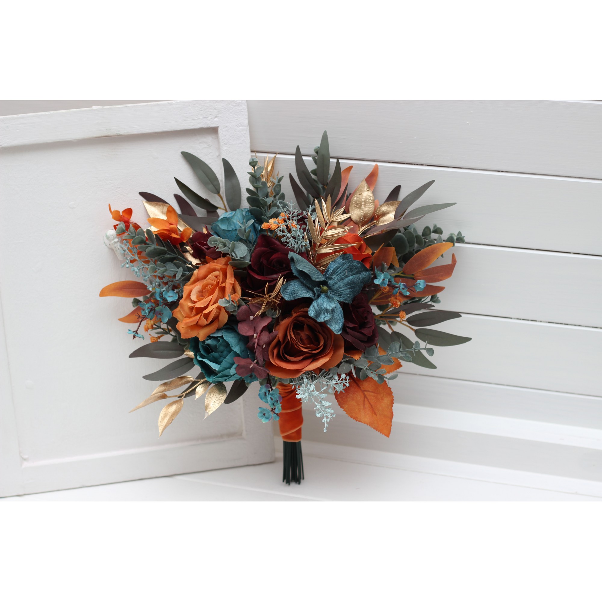 Teal \u0026 Rust Cascading Bridal Bouquet – Faux Wedding Flowers in Burgundy \u0026  Orange | Kochetova Flowers, image size:2000x2000