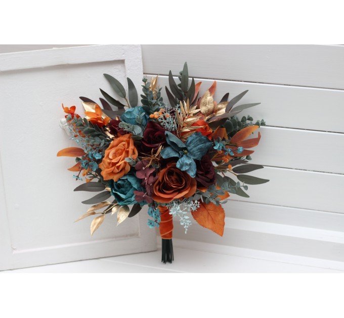 Teal, Rust & Gold Cascading Bridal Bouquet | Orange & Burgundy Faux Wedding Flowers for Fall, Boho & Halloween Weddings