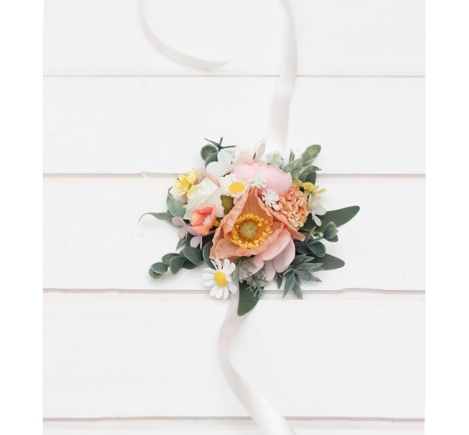 Wedding Boutonnieres and Wrist Corsage in Blush Pink, White, Peach & Yellow | Flower Accessories