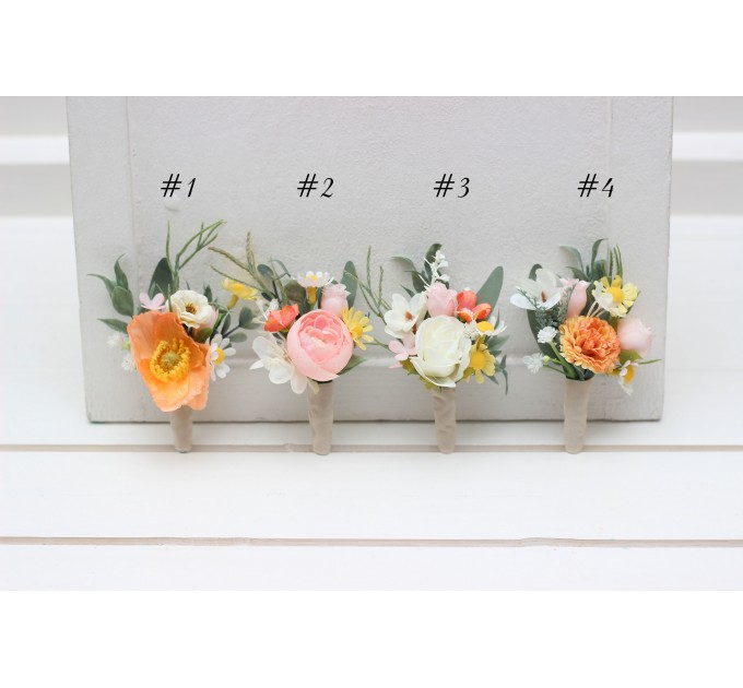 Wedding Boutonnieres and Wrist Corsage in Blush Pink, White, Peach & Yellow | Flower Accessories