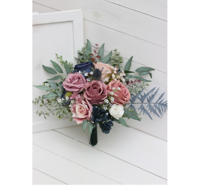 Wedding Bouquets in Dusty Rose, Mauve & Navy Blue | Faux Bridal & Bridesmaid Bouquets
