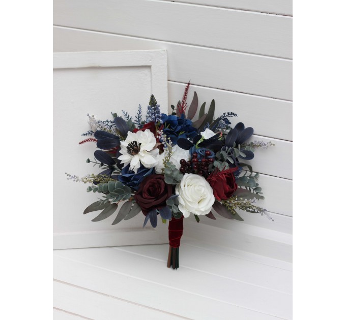 Wedding Bouquet in Burgundy, White & Navy Blue | Cascading Bridal & Bridesmaid Faux Bouquets