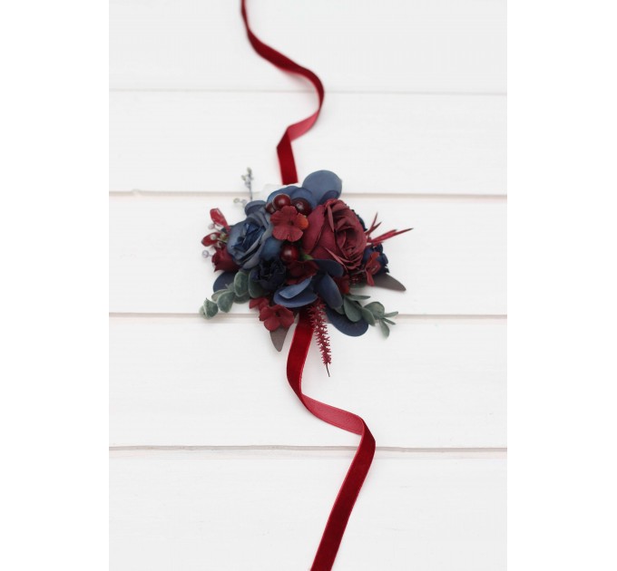 Wedding Boutonnieres & Wrist Corsage in Burgundy, White & Navy Blue | Faux Flower Accessories