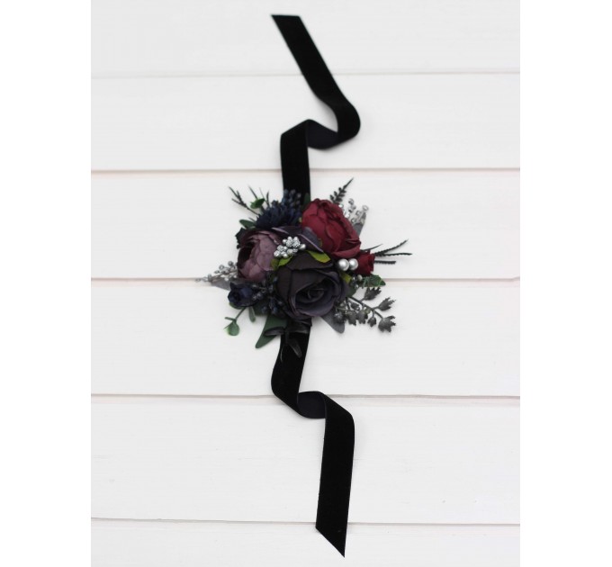 Wedding Boutonnieres & Wrist Corsage in Purple, Black, Navy Blue, Burgundy, Silver & Green | Faux Flower Accessories