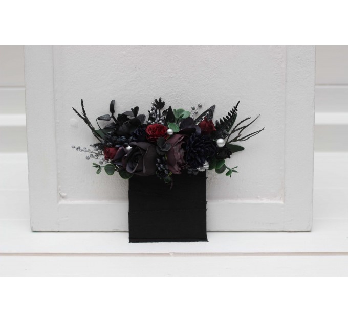 Wedding Boutonnieres & Wrist Corsage in Purple, Black, Navy Blue, Burgundy, Silver & Green | Faux Flower Accessories