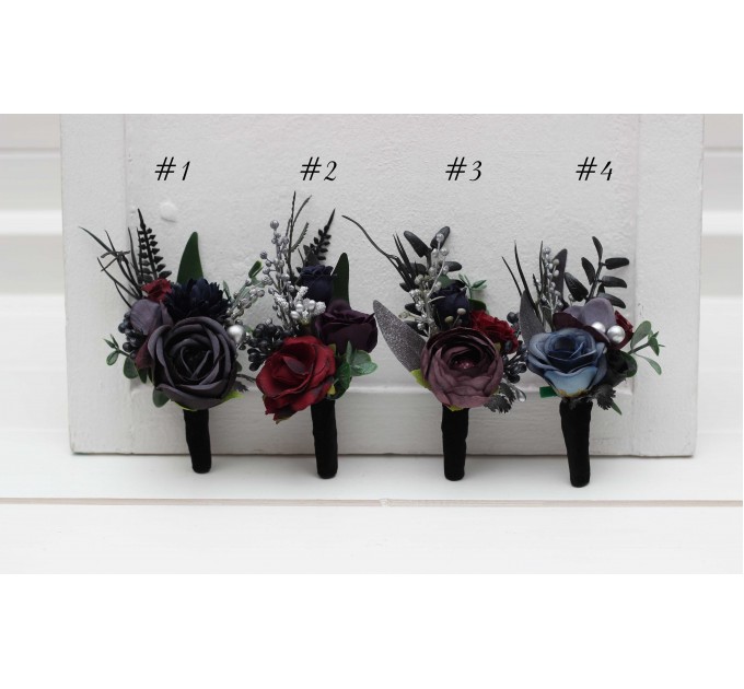 Wedding Boutonnieres & Wrist Corsage in Purple, Black, Navy Blue, Burgundy, Silver & Green | Faux Flower Accessories