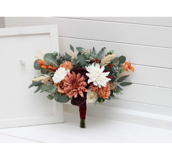 Wedding Bouquets in Cinnamon, Ivory, Burgundy & Orange | Faux Bridal & Bridesmaid Bouquets