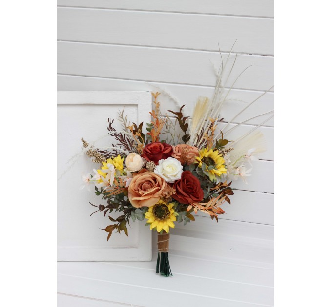 Sunflower & Pampas Grass Boho Bridal Bouquet | Orange, Rust & Beige Faux Wedding Flowers