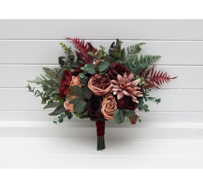 Wedding Bouquets in Dusty Rose, Burgundy & Deep Green | Faux Bridal & Bridesmaid Bouquets