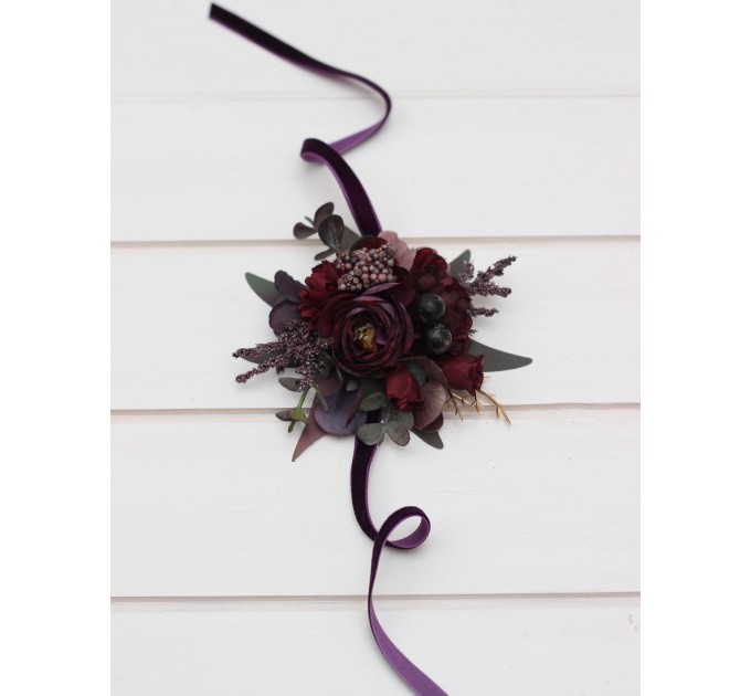 Wedding Boutonnieres & Wrist Corsage in Purple, Burgundy & Gold | Faux Flower Accessories