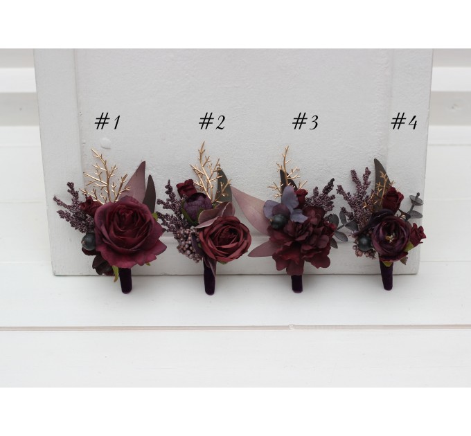 Wedding Boutonnieres & Wrist Corsage in Purple, Burgundy & Gold | Faux Flower Accessories
