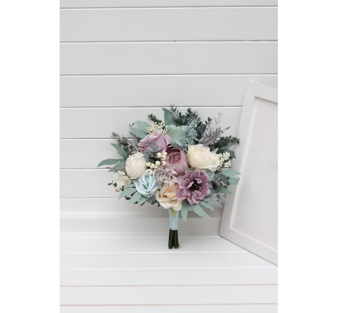Wedding Bouquets in Dusty Purple, Pale Turquoise & Cream | Faux Bridal & Bridesmaid Bouquets