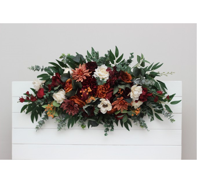 Flower Arch Arrangement in Burnt Orange, Burgundy & Cream | Faux Floral Archway for Wedding