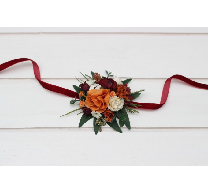 Pocket flowers. Pocket boutonniere in burnt orange burgundy cream color scheme. Flower accessories. Square flowers. Wrist corsage. Mother corsage. 5323