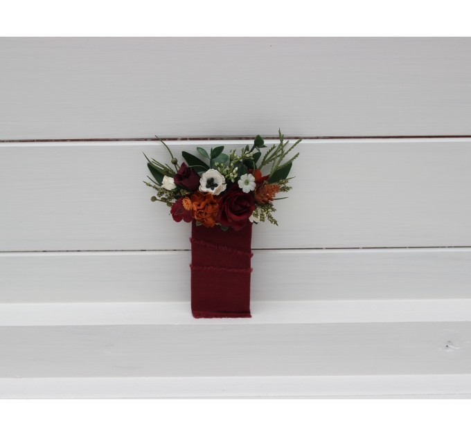 Pocket flowers. Pocket boutonniere in burnt orange burgundy cream color scheme. Flower accessories. Square flowers. Wrist corsage. Mother corsage. 5323
