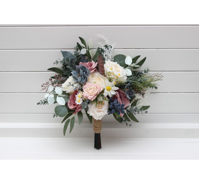 Wedding Bouquets in Dusty Mauve, Dusty Blue & Ivory | Faux Bridal & Bridesmaid Bouquets