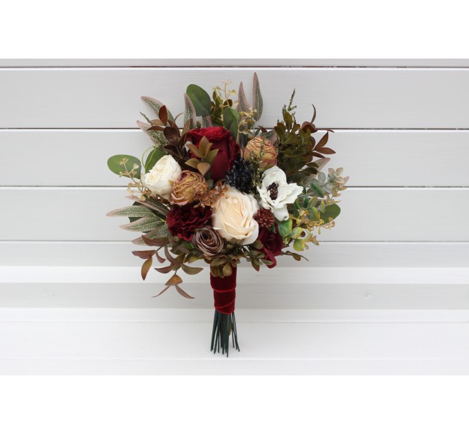 Cascade and Classic Bridal Bouquets – Burgundy, Ivory, and Brown Faux Flowers