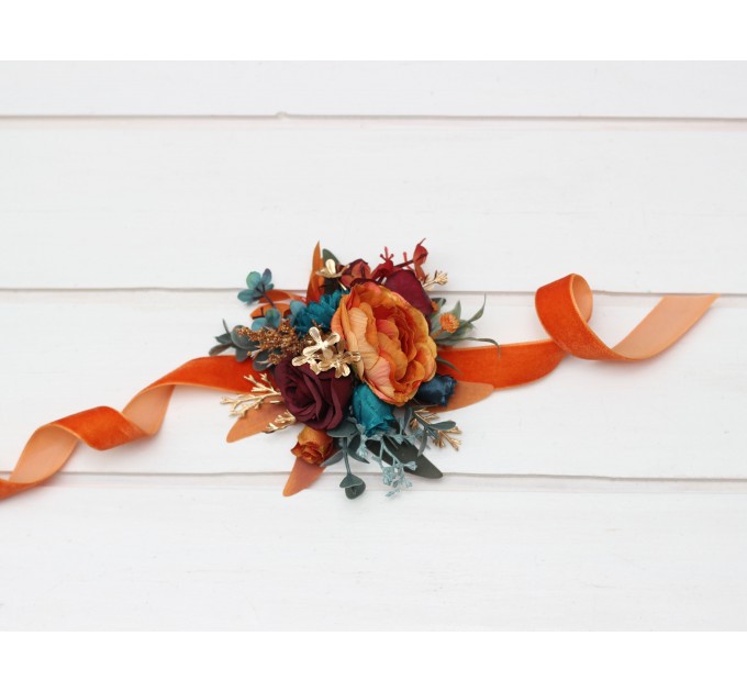 Wedding boutonnieres and wrist corsage in teal rust burgundy gold color scheme. Flower accessories. 5311