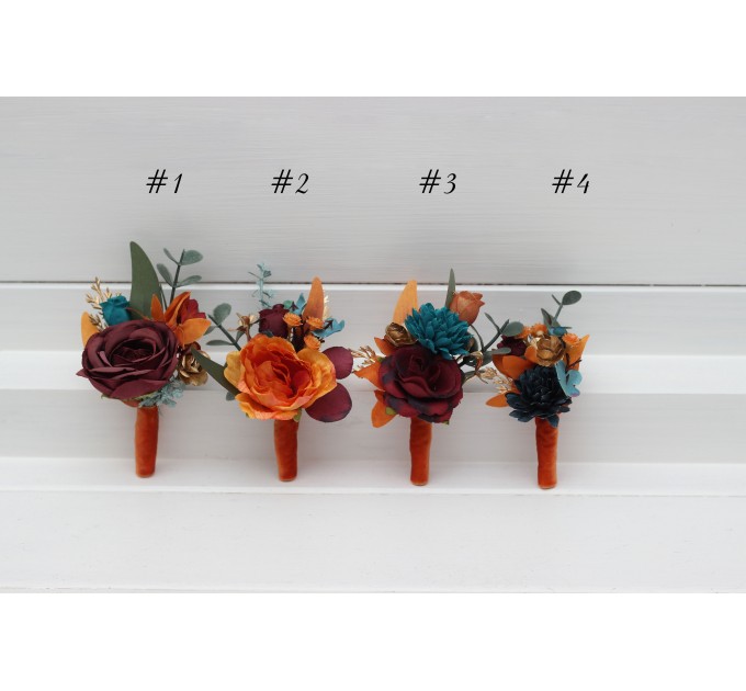 Wedding boutonnieres and wrist corsage in teal rust burgundy gold color scheme. Flower accessories. 5311