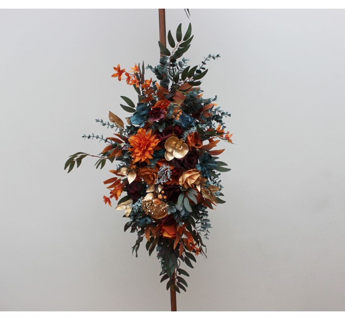 Flower Arch Arrangement in Teal, Rust, Burgundy & Gold | Faux Floral Archway for Wedding