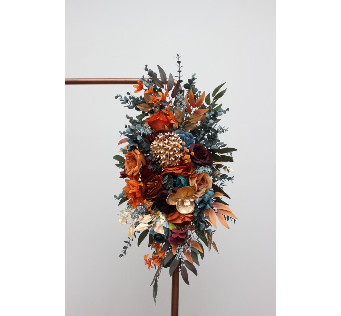 Flower Arch Arrangement in Teal, Rust, Burgundy & Gold | Faux Floral Archway for Wedding