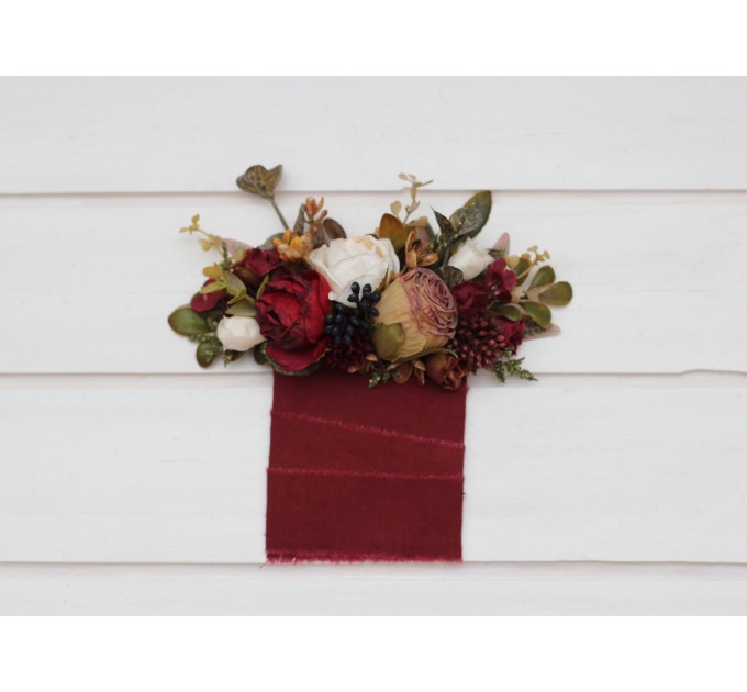 Wedding boutonnieres and wrist corsage in burgundy ivory white brown color scheme. Flower accessories. Pocket boutonniere. 5310