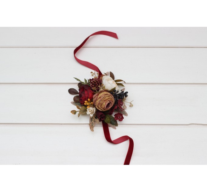 Wedding boutonnieres and wrist corsage in burgundy ivory white brown color scheme. Flower accessories. Pocket boutonniere. 5310