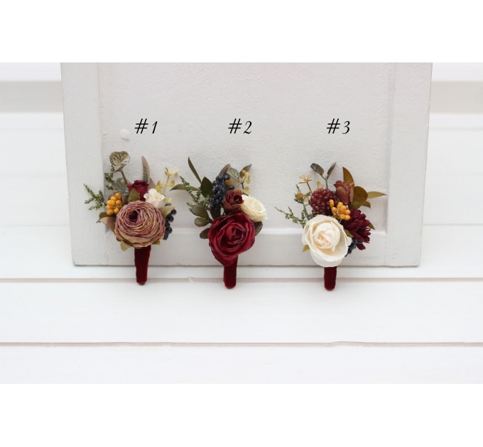 Wedding boutonnieres and wrist corsage in burgundy ivory white brown color scheme. Flower accessories. Pocket boutonniere. 5310