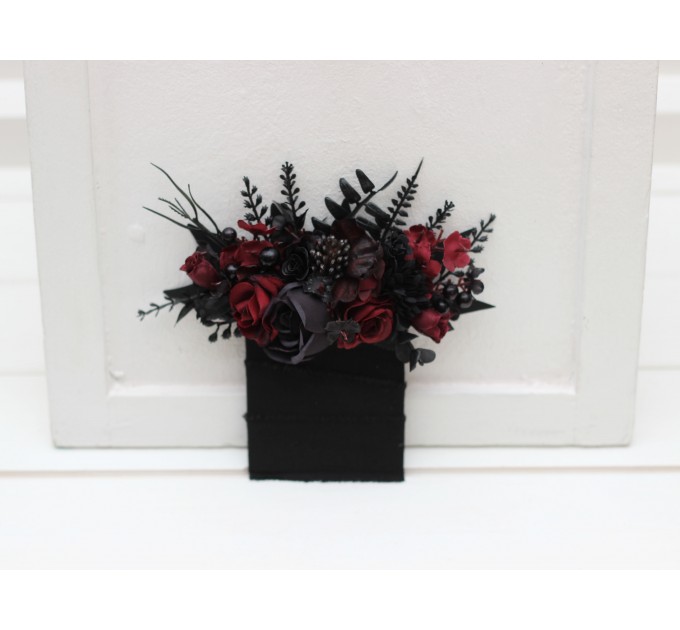 Wedding boutonnieres and wrist corsage in black and burgundy color scheme. Flower accessories. Pocket boutonniere. 5325