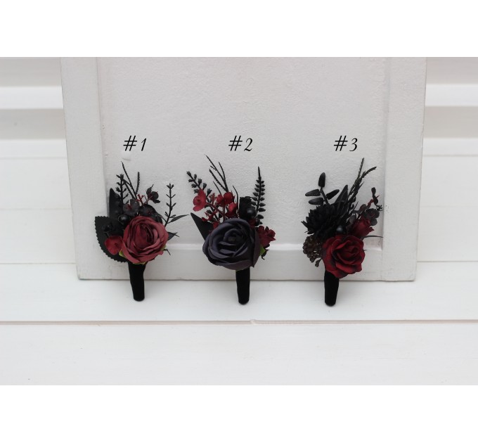 Wedding boutonnieres and wrist corsage in black and burgundy color scheme. Flower accessories. Pocket boutonniere. 5325