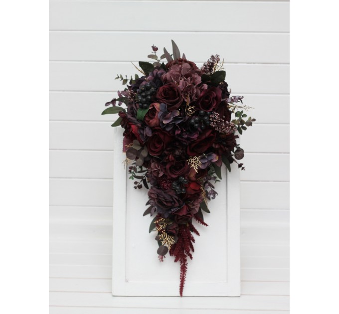 Wedding Bouquets in Deep Purple & Burgundy | Cascading Faux Bridal & Bridesmaid Bouquets