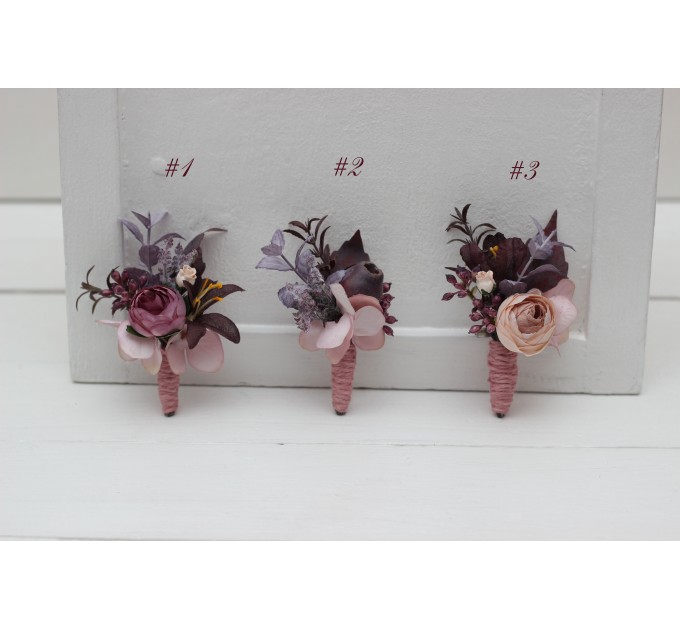 Wedding Boutonnieres & Wrist Corsage in Mauve, Purple & Beige | Faux Flower Accessories
