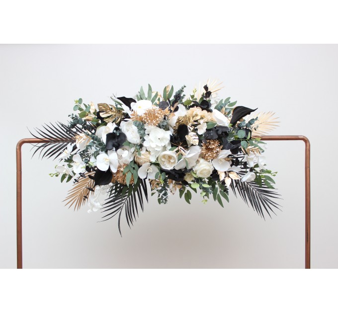 Flower Arch Arrangement in Black, Gold & White | Faux Floral Archway for Wedding