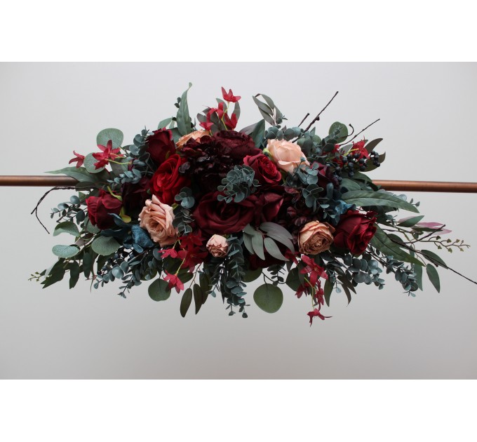 Flower Arch Arrangement in Burgundy, Red, Beige, Teal & Blue | Faux Floral Archway for Wedding