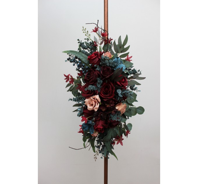 Flower Arch Arrangement in Burgundy, Red, Beige, Teal & Blue | Faux Floral Archway for Wedding