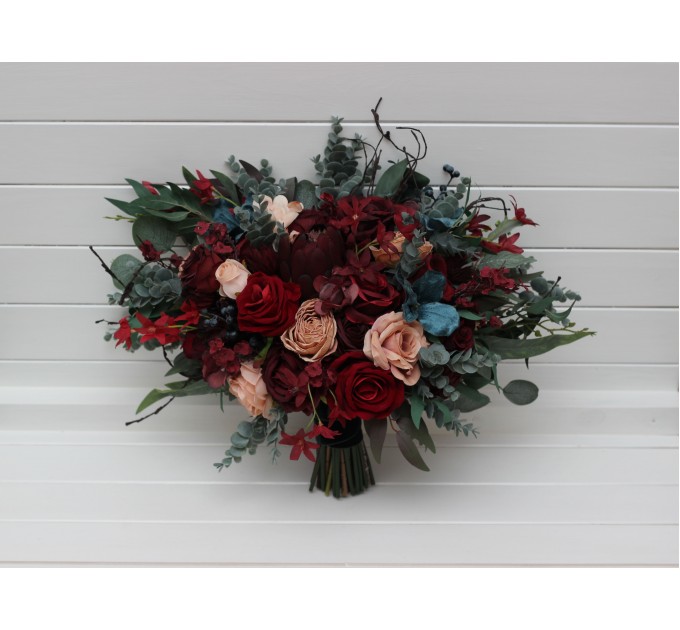 Wedding Bouquets in Burgundy, Red, Beige, Teal & Blue | Faux Bridal & Bridesmaid Bouquets