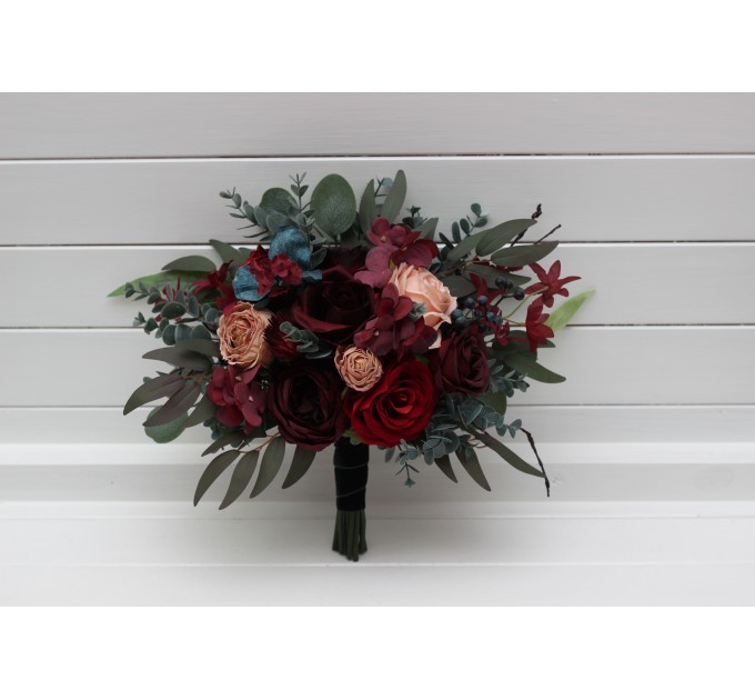 Wedding Bouquets in Burgundy, Red, Beige, Teal & Blue | Faux Bridal & Bridesmaid Bouquets