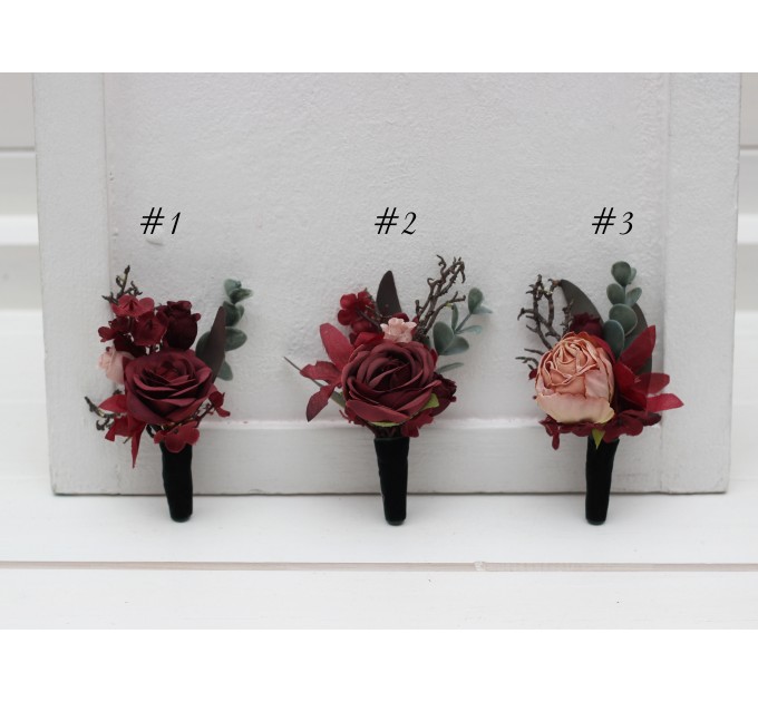 Wedding boutonnieres and wrist corsage in burgundy beige color scheme. Flower accessories. 5327