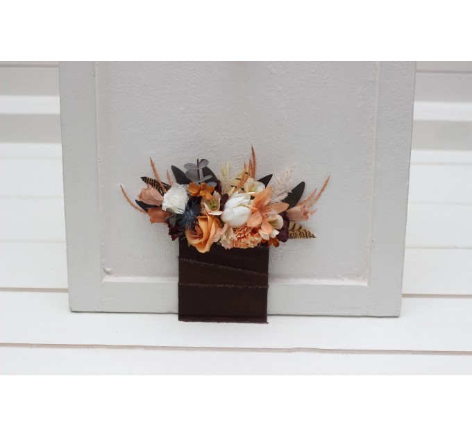 Wedding Boutonnieres & Wrist Corsage in Deep Purple, Terracotta & Beige | Faux Flower Accessories