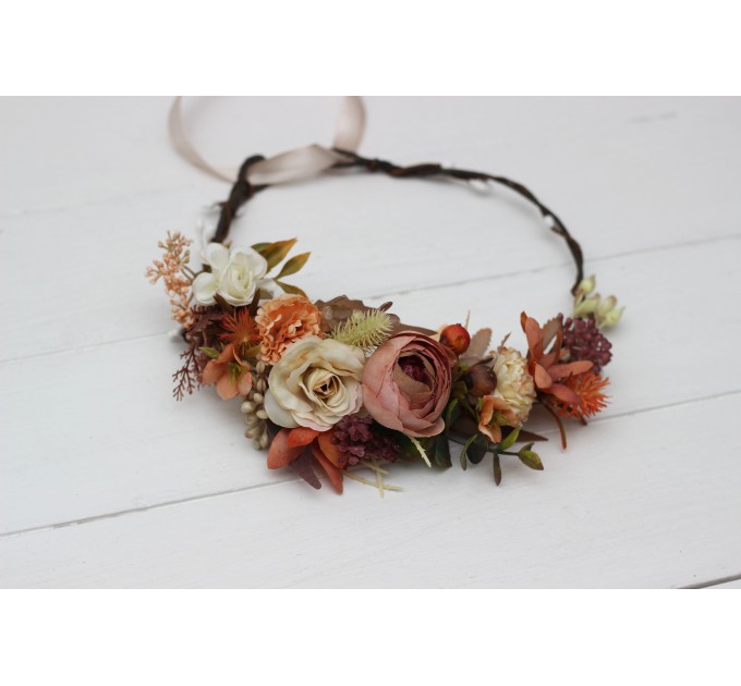 Orange ivory rust terracotta flower crown. Hair wreath. Flower girl crown. Wedding flowers. 0029