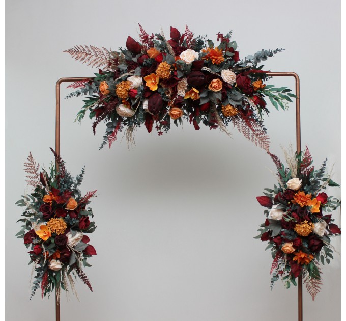 Flower Arch Arrangement in Burnt Orange, Red & Burgundy | Faux Floral Archway for Wedding