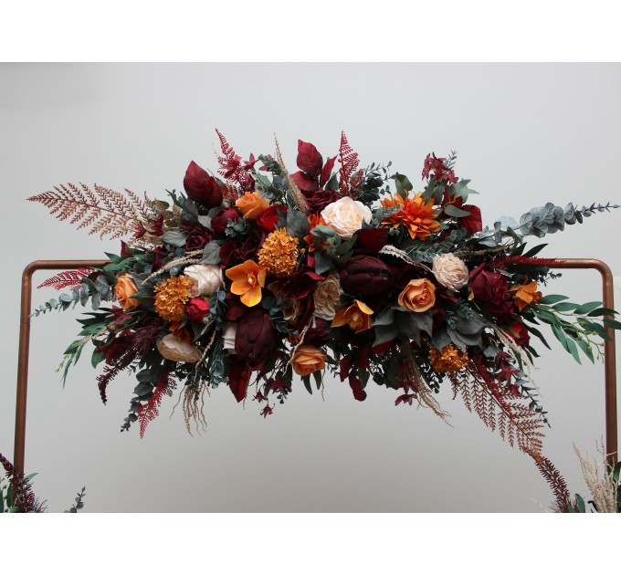 Flower Arch Arrangement in Burnt Orange, Red & Burgundy | Faux Floral Archway for Wedding