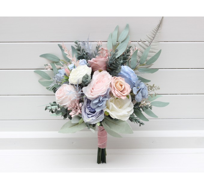 Wedding Bouquets in Dusty Blue, Blush Pink & White | Faux Bridal & Bridesmaid Bouquets