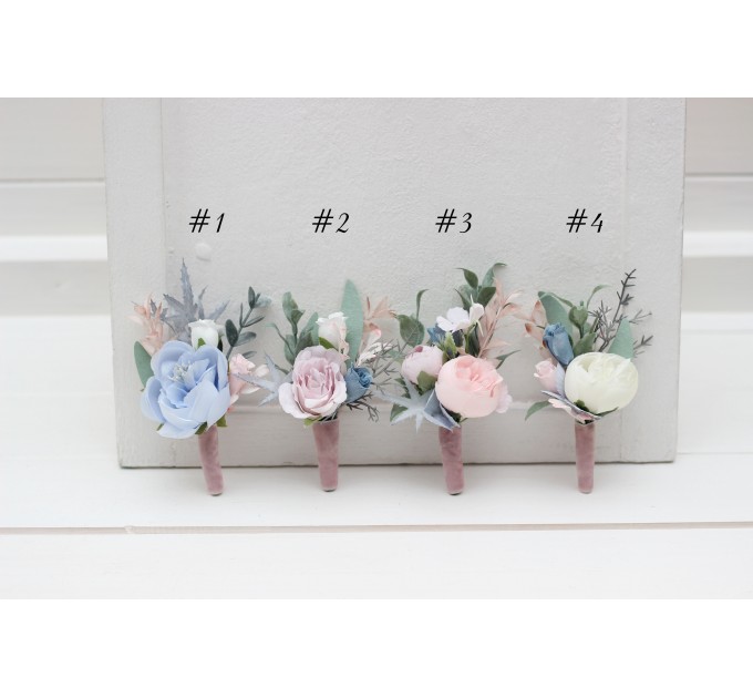 Wedding Boutonnieres in Dusty Blue, Blush Pink & White | Faux Flower Accessories