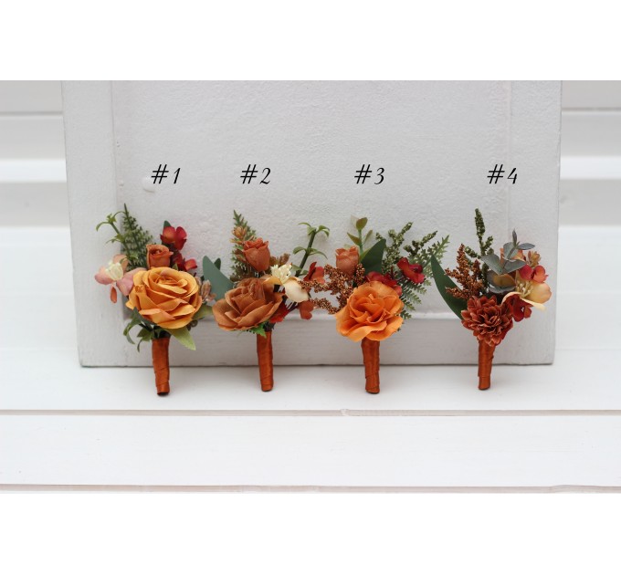 Wedding Boutonnieres and Wrist Corsage in Rust Orange | Flower Accessories