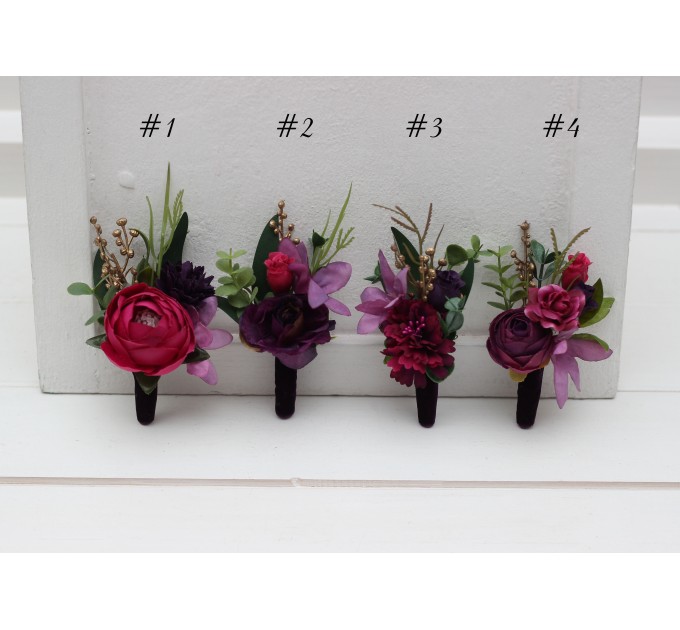 Wedding boutonnieres and wrist corsage in purple magenta gold color scheme. Flower accessories.5273