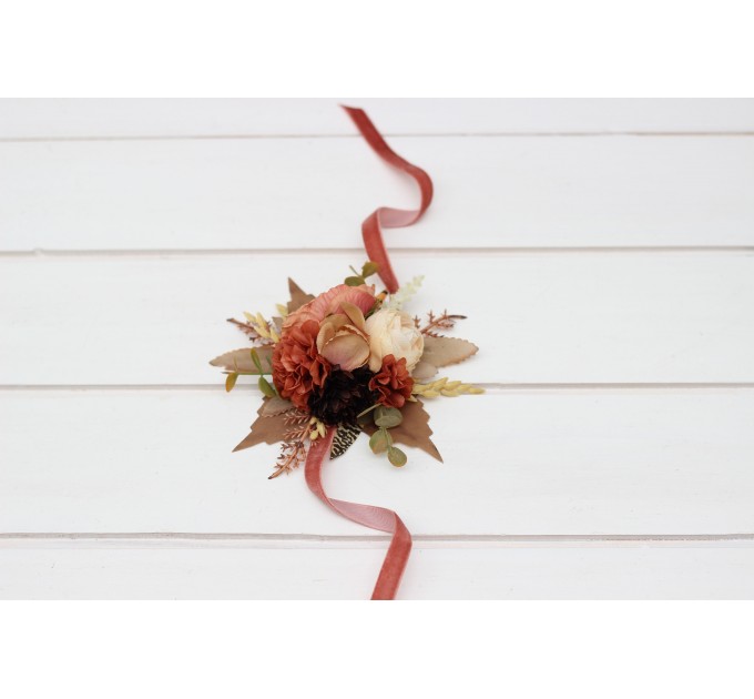 Wedding Boutonnieres & Wrist Corsage in Cinnamon, Terracotta & Ivory | Faux Flower Accessories