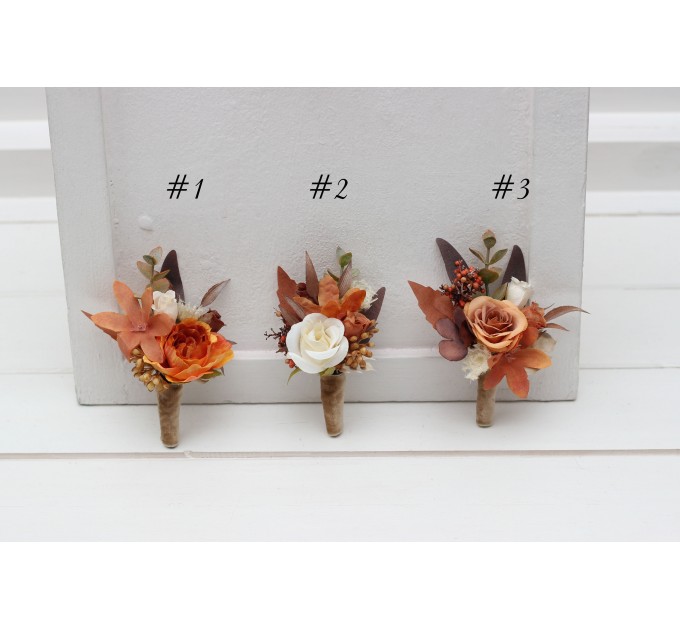 Wedding boutonnieres and wrist corsage in orange ivory rust terracotta color scheme. Flower accessories. 5140
